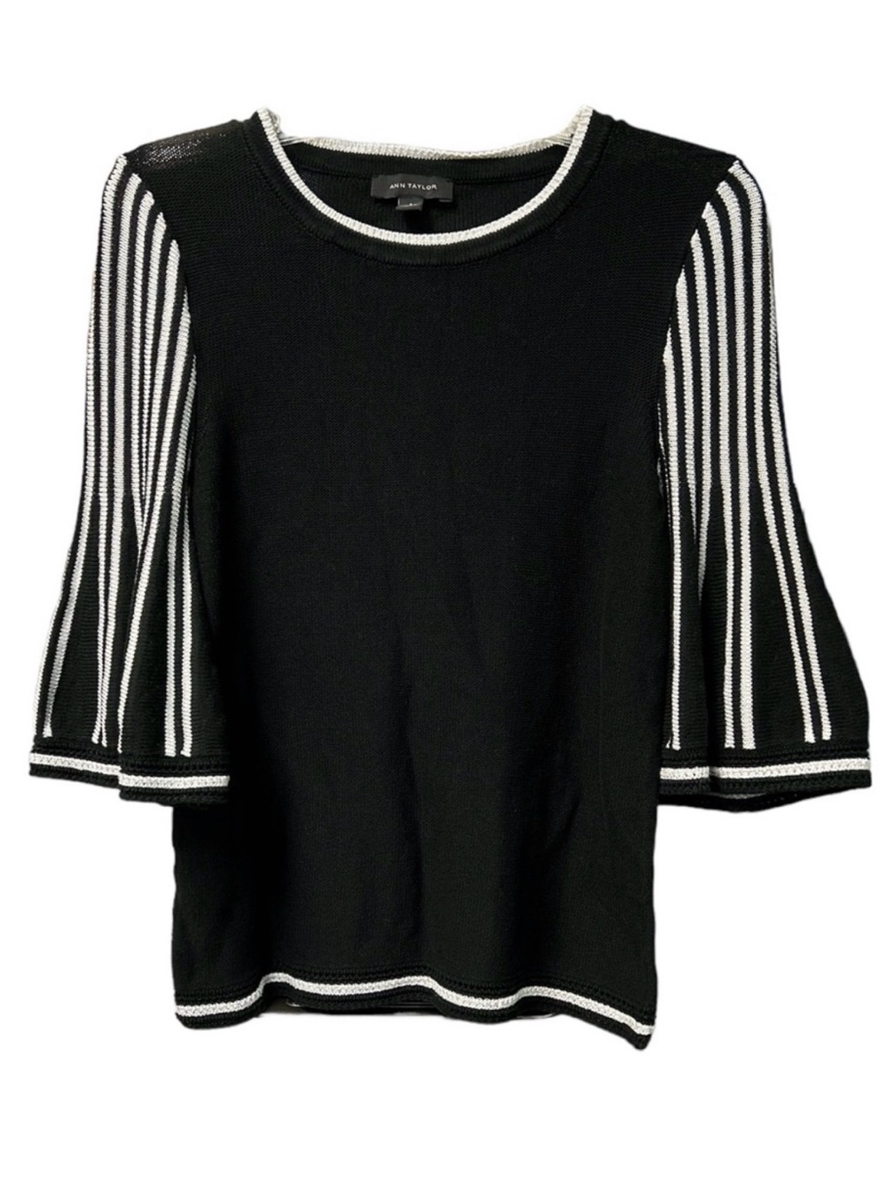 By design Black Crewneck Sweater with White-Trim Striped Bell Sleeves